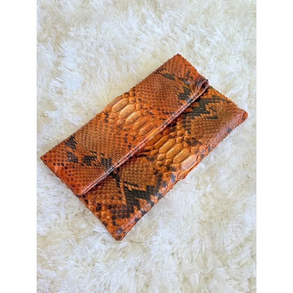 100% GENUINE SNAKE SKIN PYTHON LEATHER ORANGE ENVELOPE CLUTCH BRAZIL INDONESIA